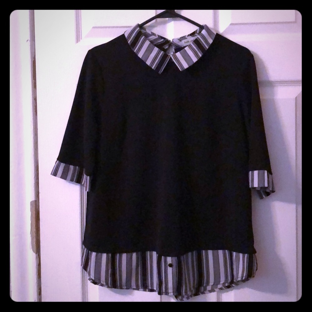 Black,white, gray, strips on collar and wrist